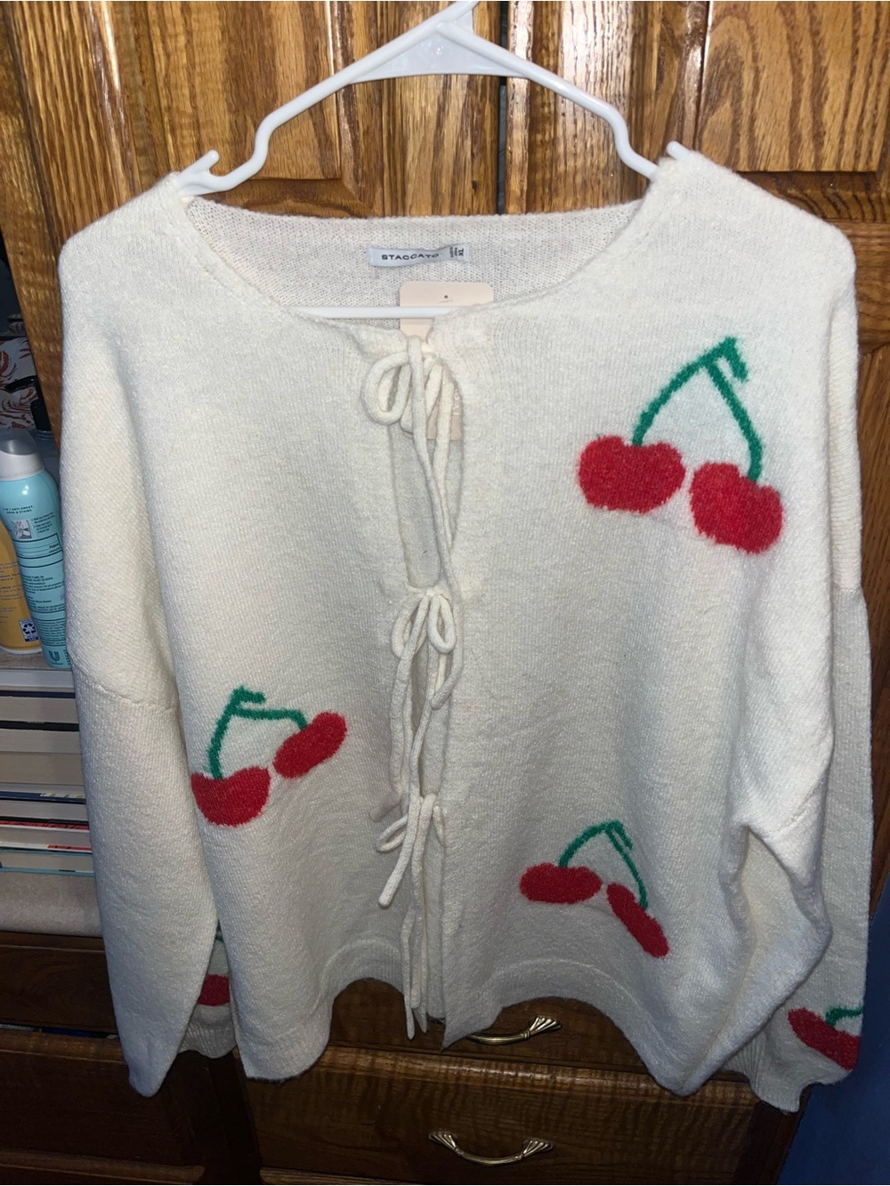 Women's Cream Cherry-Print Tie-Front Sweater